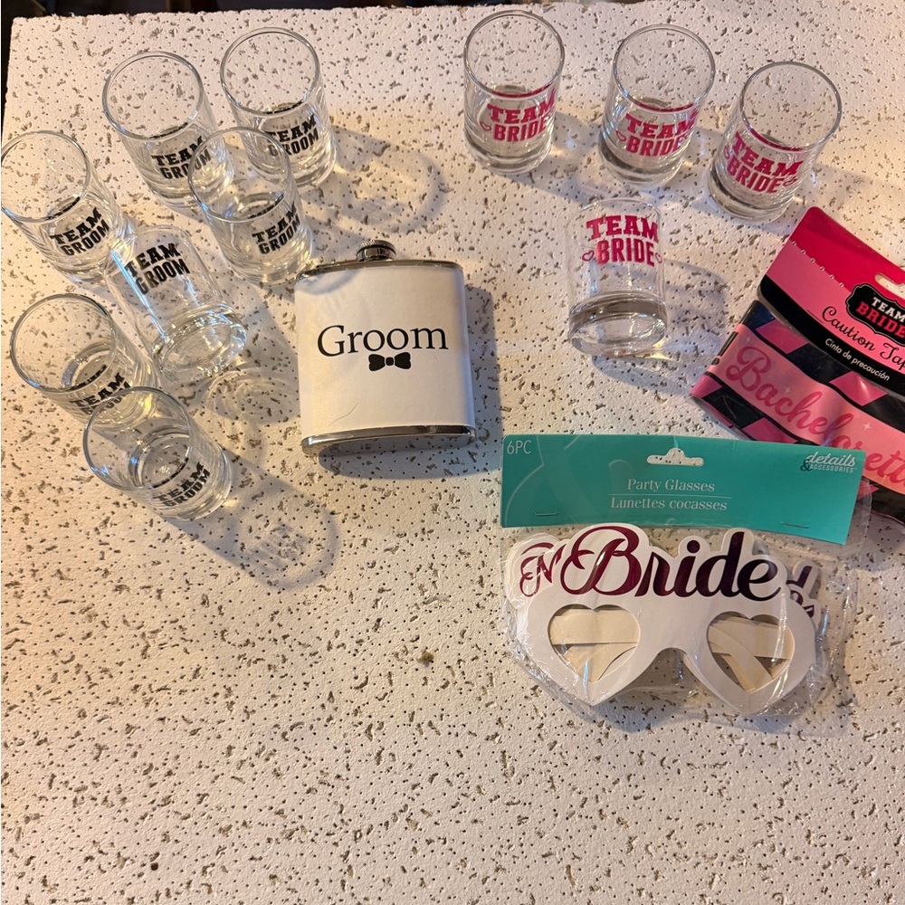 Bride & Groom Bachelorette Party Glasses and Flask Set - White and Pink